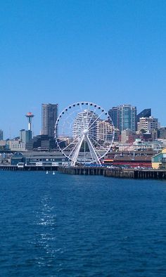 a ferris wheel in the middle of a body of water with buildings in the background