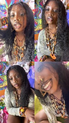 three different pictures of a woman with gold jewelry on her face and chest, smiling