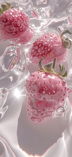 three pink strawberries floating in water on a white surface with bubbles and droplets around them