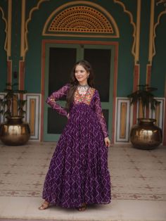 Wine Faux Georgette Anarkali Dress with Bandhani Printed,Kutchi Patch Work Processing Time : 7 Business Days Work : Bandhani Printed,Kutchi Patch Work Fabric:Top : Faux Georgette Bottom : NA Dupatta : NA Color:Top : Wine Bottom : NA Dupatta : NA Printed Long Gowns, Kurtis Designs, Patiyala Dress, Exclusive Gowns, Bandhani Print, Georgette Gown, Long Kurti Designs, Navratri Special, Designer Kurtis