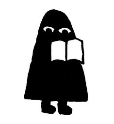 a black and white silhouette of a person reading a book with eyes drawn on it