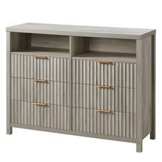 a gray cabinet with two doors and three drawers