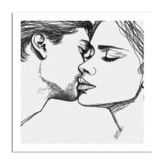 a black and white drawing of two people with their faces touching each other's noses