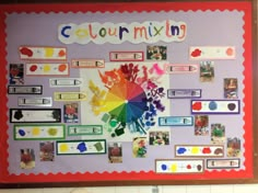 a bulletin board with different colors and pictures on it