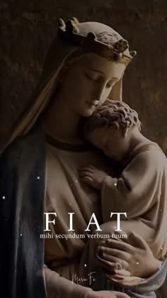 a statue of the virgin mary holding a baby jesus in her arms with text that reads, flat