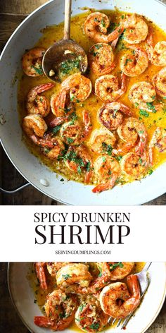 the recipe for spicy shrimp is shown in a skillet with a wooden spoon on top