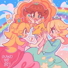 three cartoon girls standing next to each other in front of a rainbow colored sky and clouds