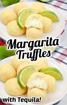 margarita truffles with tequila sauce and lime wedges on white plates, ready to be eaten