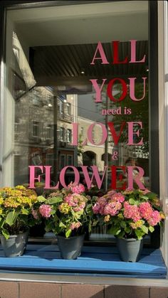 flowers are displayed in the window of a flower shop that says, all you need is love andflowers