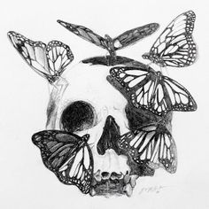 a drawing of a skull with butterflies on it