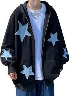 MAINESAKA Zip Up Hoodies y2k Women Men Star Pattern Sweatshirt Unisex Goth Oversized Graphic Jacket Fall Streetwear (Black, L) at Amazon Women’s Clothing store Cute Jackets Y2k, My Aesthetic Clothes, Starflesh Clothes, Cool Men Clothes, 90s Street Style Men, Date Men Outfit, Queer Mens Fashion, Emo Clothes Men, Grunge Style Men