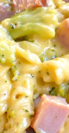 pasta with ham, broccoli and cheese on it