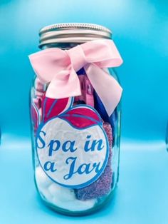 "Relax from head to toe with this spa in a jar that contains all of the items needed for self-care. You can experience a wonderful facial, manicure, pedicure and relaxing bath. This spa in a jar will make a great gift for any occasion--Birthday, Mother's Day, Valentine's Day, Christmas or just because for that special person that is need of a little cheering up. This is also a great gift for the bridal party, a fun spa night with friends or just to say thank you. The spa in a jar arrives in a 7\" tall glass pint size mason jar (32 oz.) with the following items inside: *Hydrating aloe 2-pack sheet mask *Microfiber Facial Pads *Nail brush *Pumice stone *Clippers *Toe divider *Nail Polish *Lotion *Bath Bomb *Cotton Balls" Spa Night With Friends, Spa In A Jar, Night With Friends, Spa Night, Pumice Stone, Relax Spa, Nail Brush, Cotton Balls, Relaxing Bath