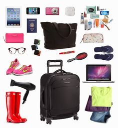 the contents of a woman's travel bag are arranged on a white background,