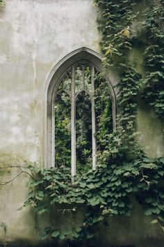 an old building with ivy growing on it's side and a window in the middle