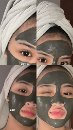 three pictures of a woman with facial masks on