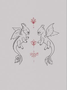 two dragon are facing each other with red flowers in their beaks on the left side