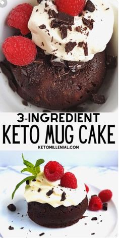 three ingredient keto mug cake with raspberries and whipped cream on the top