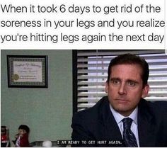 a man in a suit and tie sitting at a desk with the caption when it took 6 days to get rid of the soreness in your legs and you're