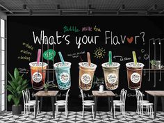 an ice cream shop with chalkboard walls and flooring that says what's your flavor?