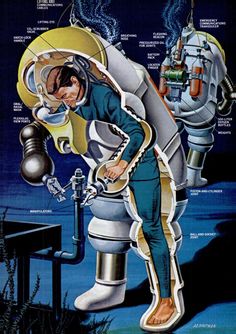 a man in a space suit is working on a machine with words above him and below it