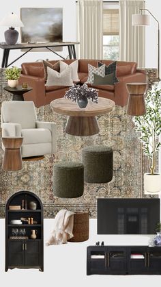 a living room with couches, chairs and other items in the design mood board