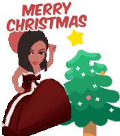 a woman in a red dress standing next to a christmas tree with the words merry christmas written on it