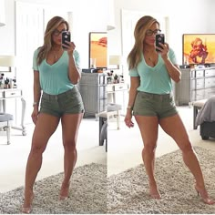 two pictures of a woman taking a selfie in front of a mirror with her cell phone