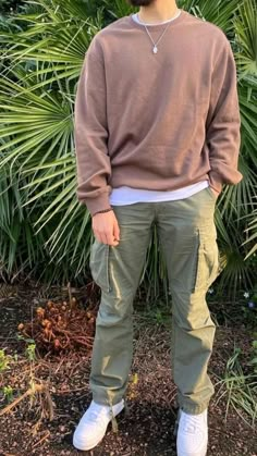 Guys Layered Outfit, Earth Colors Outfit For Men, Brown Crewneck Outfit Men, Earthy Outfits With Pants, Layered Guy Outfits, Warm Earth Tones Outfit, Earth Color Outfit Men, Earth Boy Aesthetic Outfits, Earthy Tones Clothes