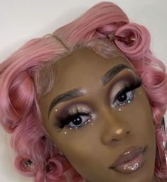 Birthday Makeup For Black Women Rhinestones, Makeup Ideas For Prom Black Women Pink, Baddie Glitter Makeup, Pink Birthday Makeup For Black Women, Face Beat Makeup Pink, Pink Makeup Looks Black Women Rhinestones, Flawless Face Makeup, Face Beat Makeup