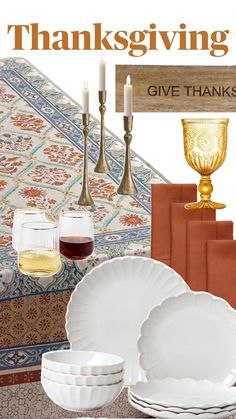 thanksgiving give thanks card with white dishes and wine glasses on the table next to candlesticks