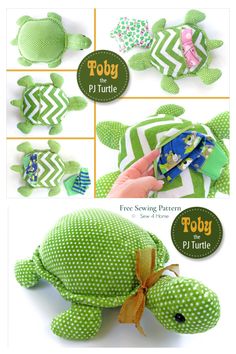 the instructions for how to sew a turtle stuffed animal with green and white polka dot fabric