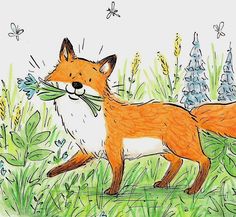 a drawing of a fox holding a flower in it's mouth while walking through the grass