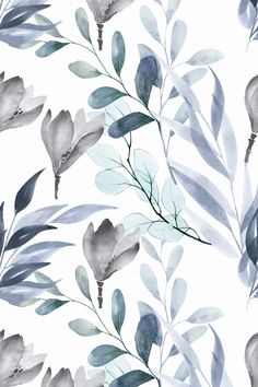 watercolor painting of leaves and branches on a white background with blue gray green colors