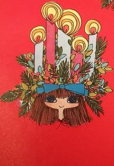 a drawing of a girl with candles on her head and pine branches in the foreground