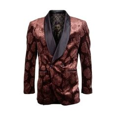 Looking for a stylish and sophisticated jacket that will set you apart from the crowd? Look no further than the Men's Slim Fit Shawl Lapel Rust Jacket with a repeating Rose Pattern. Crafted from high-quality materials, this jacket is designed to provide both comfort and durability. The slim fit cut creates a sleek, modern silhouette, while the shawl lapel adds a touch of timeless elegance. The repeating rose pattern on the Rust fabric is a unique and eye-catching feature that is sure to turn hea Rust Fabric, Mens Suit Jacket, Suit Waistcoat, Lapel Jacket, Slim Fit Suit, Three Piece Suit, Blazers For Men, Blazer Buttons, Rose Pattern