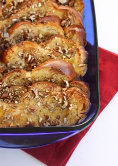 baked bread with nuts in a blue dish