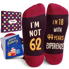 two birthday socks with the words i'm not with 64 years experience