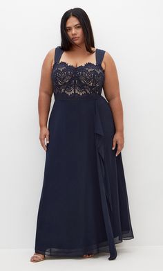 A bespoke style that's sure to deliver, introducing the Sweet Evie Maxi Dress! The sweetheart neckline and delicate lace bodice give you romantic vibes, while the flowing chiffon skirt makes you feel like you're floating on air, ready to enchant everyone around you. Key Features Include: - Sweetheart neckline - Lace bodice with subtle boning - Back hook and zip closure - Chiffon skirt overlay - Maxi length | Plus Size Sweet Evie Maxi Dress in Navy, Size 24 | City Chic Romantic Vibes, Dresses Date Night, Evening Dresses Online, Bespoke Fashion, Evening Gown Dresses, Evening Dresses Plus Size, Maxi Dress Wedding, Maxi Dress Navy, Wedding Formal