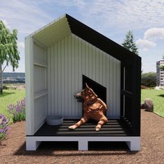 a dog is sitting in the open door of a small house that looks like it has been built into the ground