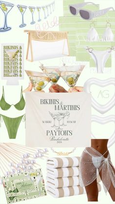 a collage of bikinis, towels and other items in shades of green and white