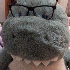 a close up of a stuffed animal with glasses on it's head and mouth