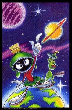 marvin the martian is flying over the earth with an alien on it's back