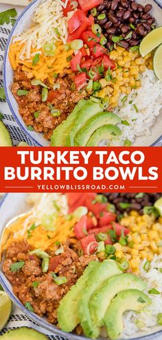 turkey taco burrito bowls with rice, beans and avocado