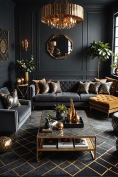 a living room with black walls, gold accents and couches in the center table