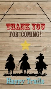 a wooden sign that says, thank you for coming happy trails with three cowboys on horseback