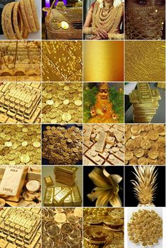 many different pictures with gold coins and other things in them, including pineapples