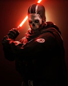 a star wars character with a light saber in his hand and a skull mask on