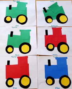 four construction vehicles made out of paper on a table