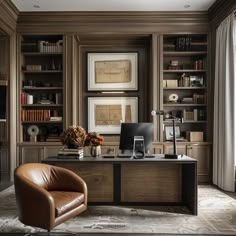 Detail: Business HD Pictures Work From Home Office With Shelving, Bourbon Room Office, Brown And White Office, Study Room Layout, Office And Library Combo, Dark Green Study, Male Office Ideas, Modern Library Design, Traditional Office Design